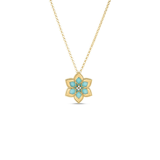 Roberto Coin Vernazza Flower Long Necklace Diamond, Amazonite in 18K yellow gold