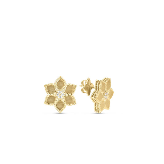 Roberto Coin Vernazza Flower Stud Earrings Diamond, Satin Finish in 18K yellow gold