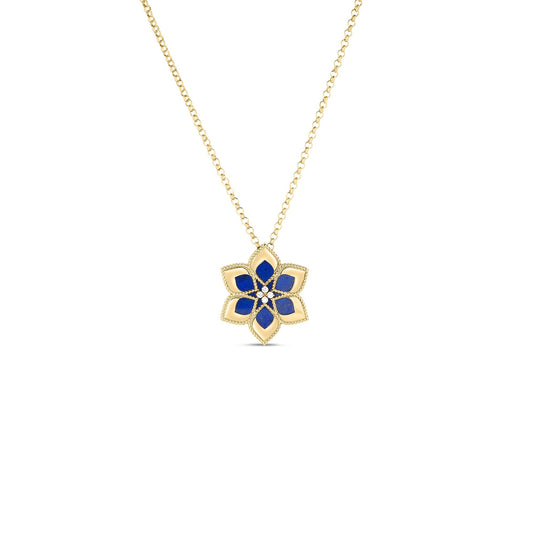 Roberto Coin Vernazza Flower Long Necklace Diamond, Lapis in 18K yellow gold