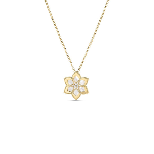 Roberto Coin Vernazza Flower Long Necklace Diamond, Mother of Pearl in 18K yellow gold