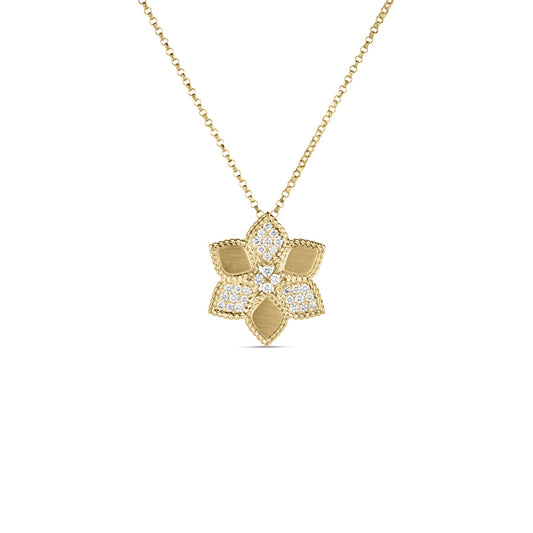 Roberto Coin Vernazza Alternating Flower Necklace Pavé Diamond, Satin Finish in 18K yellow gold