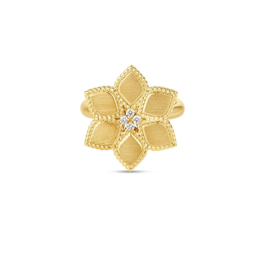 Roberto Coin Vernazza Flower Ring Diamond, Satin Finish in 18K yellow gold