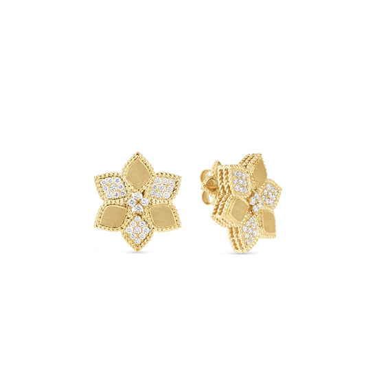 Roberto Coin Vernazza Alternating Flower Stud Earrings Pavé Diamond, Satin Finish in 18K yellow gold