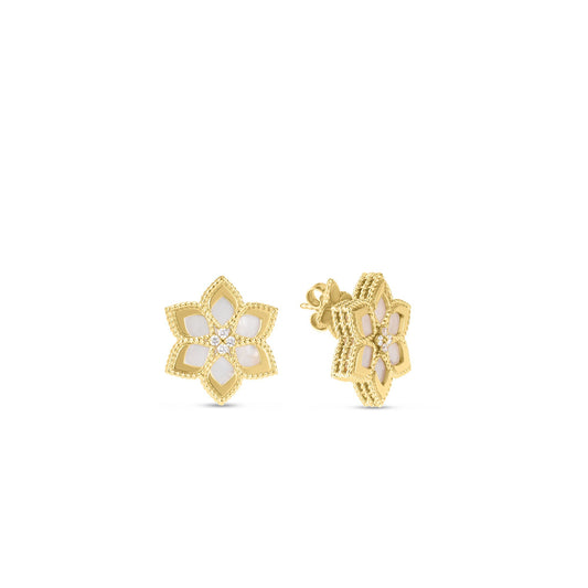 Roberto Coin Vernazza Flower Stud Earrings Diamond, Mother of Pearl in 18K yellow gold