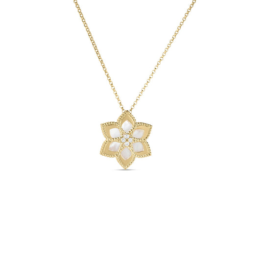 Roberto Coin Vernazza Flower Necklace Diamond, Mother of Pearl in 18K yellow gold