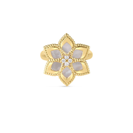Roberto Coin Vernazza Flower Ring Diamond, Mother of Pearl in 18K yellow gold