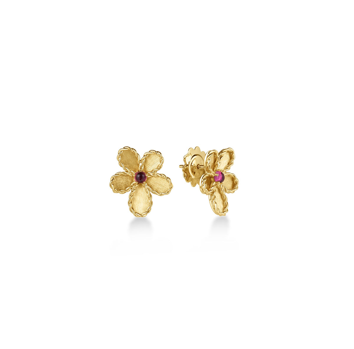 Roberto Coin Jasmine Flower Stud Earrings with rubellite in 18K yellow gold