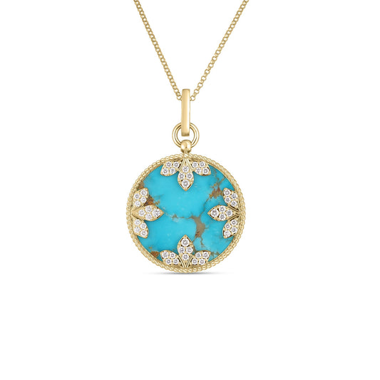 Roberto Coin Venetian Medallions Large Pendant Necklace with turquoise and diamond in 18K yellow gold