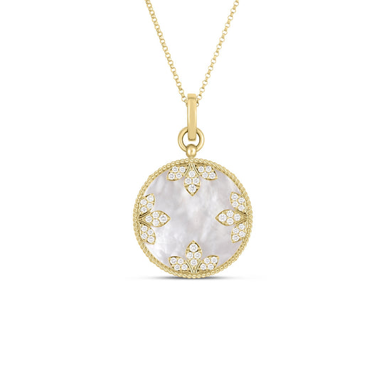 Roberto Coin Venetian Medallions Large Pendant Necklace with mother of pearl and diamond in 18K yellow gold