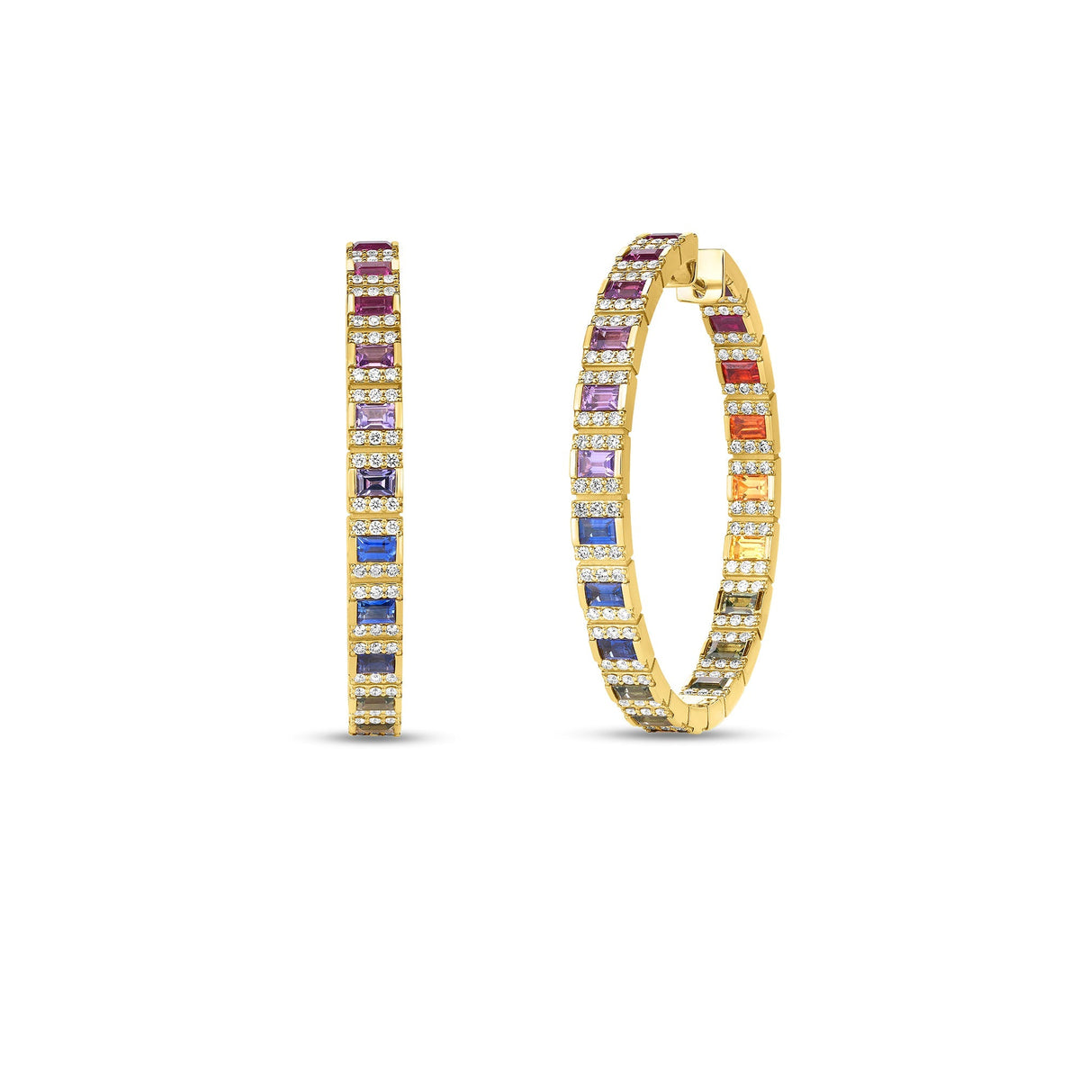 Roberto Coin Obelisco Large Mixed Cut Hoop Earrings Pavé Diamond, Mixed Sapphires in 18K yellow gold