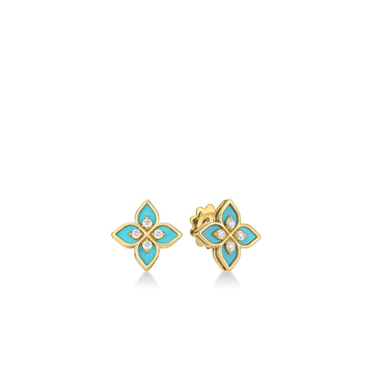 Roberto Coin Venetian Princess Flower Frame Stud Earrings Diamond, Ceramic Enamel Cyan in 18K yellow gold