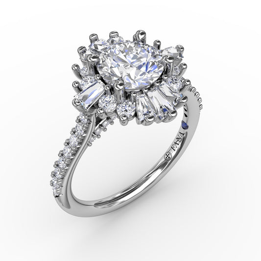 Bold Mixed Shape Diamond Halo Ballerina Style Engagement Ring With Diamond Band