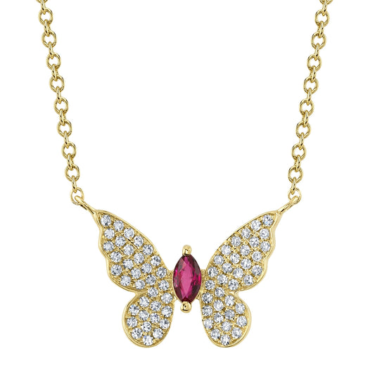 0.16CT DIAMOND & 0.09CT RUBY 14K Y/G MARQUISE BUTTERFLY NECKLACE