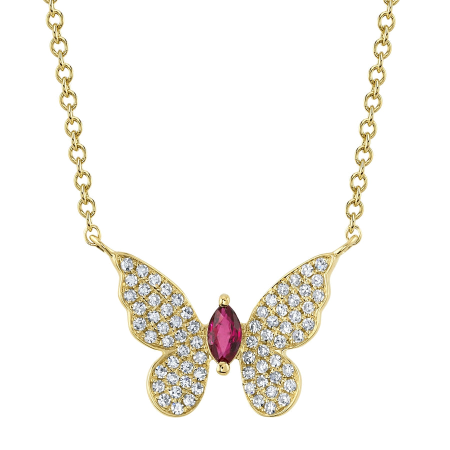 0.16CT DIAMOND & 0.09CT RUBY 14K Y/G MARQUISE BUTTERFLY NECKLACE