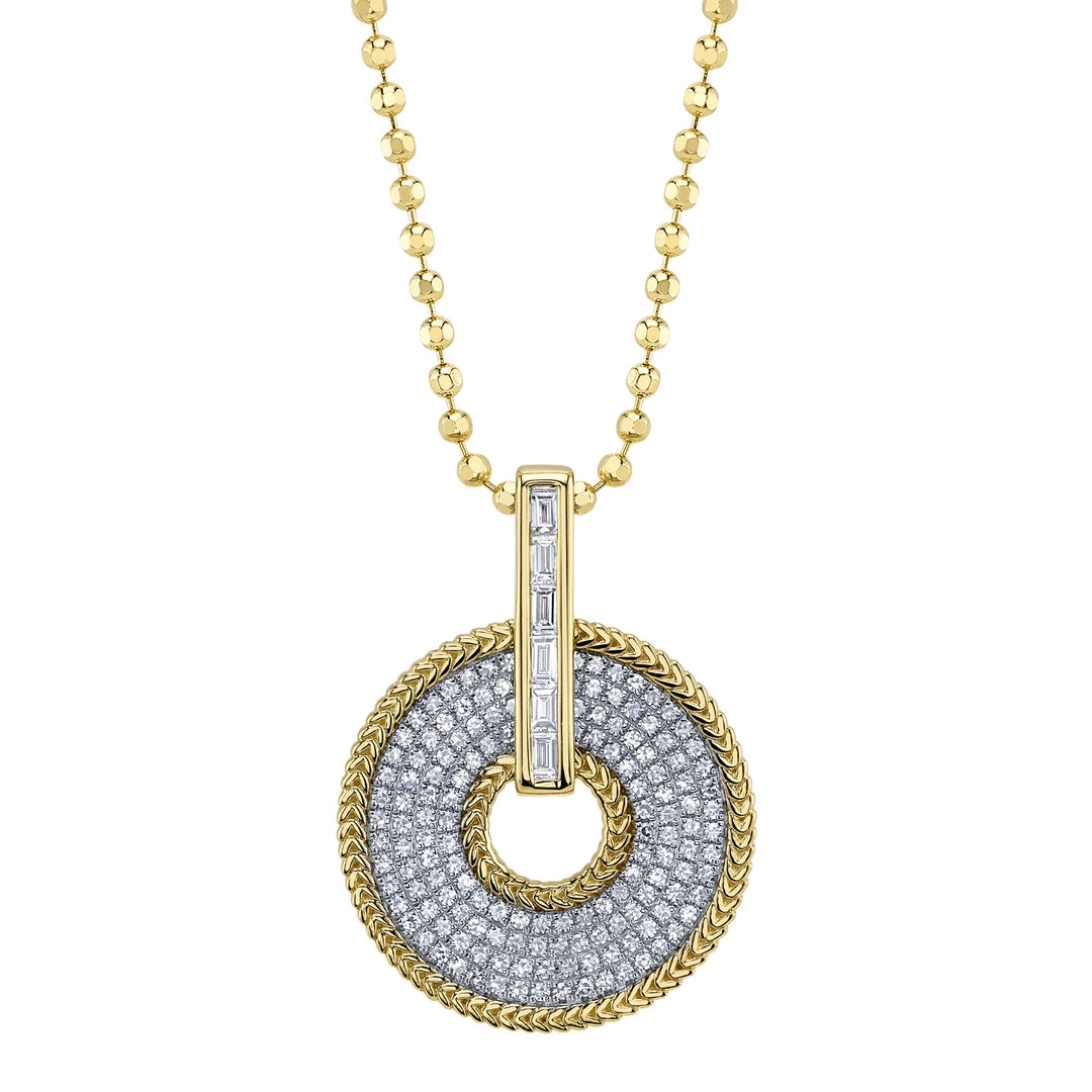 0.45CT 14K Y/G DIAMOND BAGUETTE PAVE CIRCLE FACETED BALL CHAIN NECKLACE