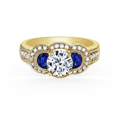 Sapphire Art Deco Three Stone Diamond Engagement Ring