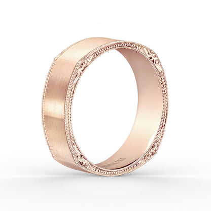 Square Satin Engraved Wedding Band, 7mm