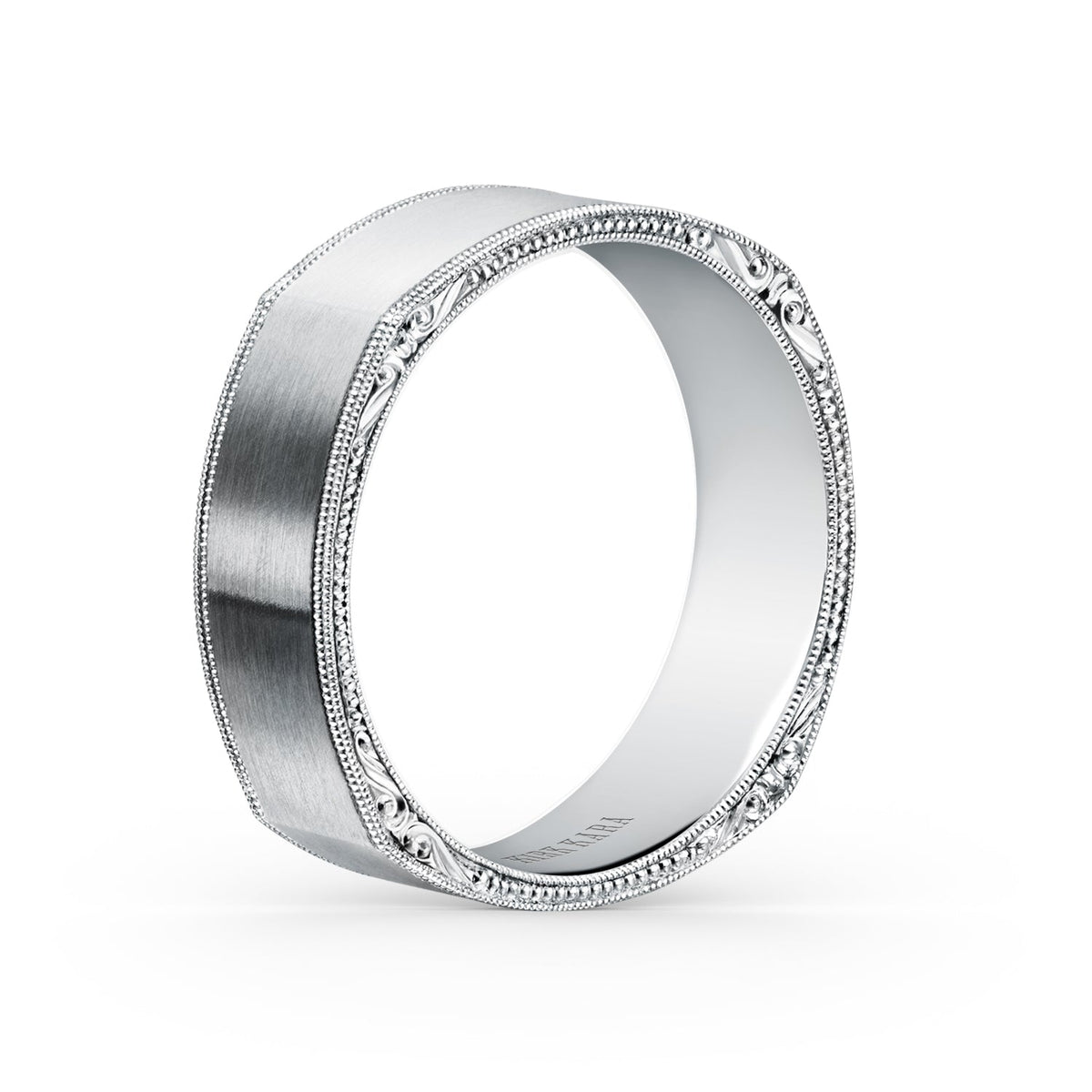 Square Satin Engraved Wedding Band, 7mm