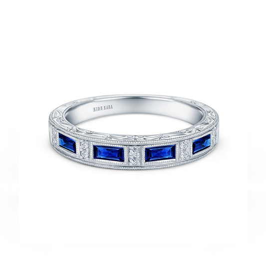 Blue Sapphire Baguette Engraved Diamond Wedding Band