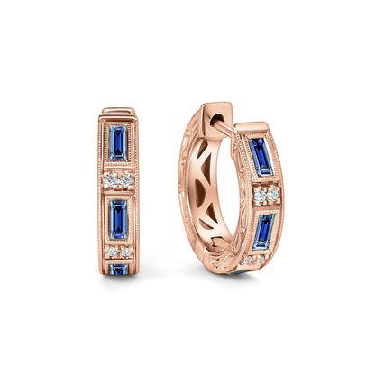 Blue Sapphire Baguette Engraved Diamond Hoop Earrings