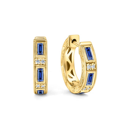 Blue Sapphire Baguette Engraved Diamond Hoop Earrings