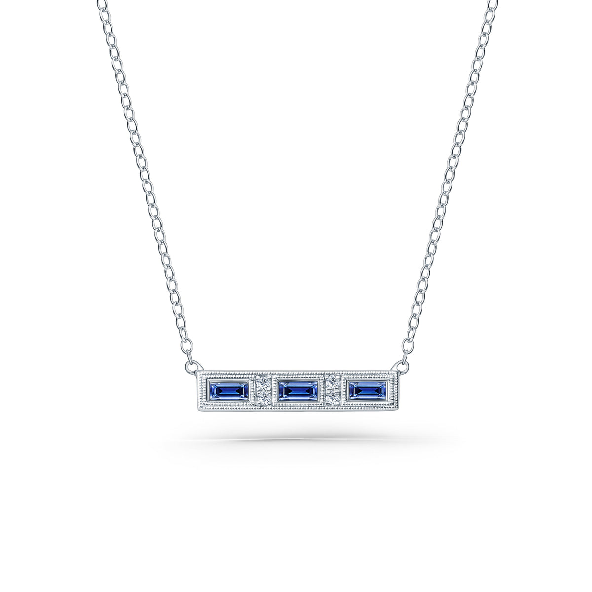 Blue Sapphire Baguette Engraved Diamond Bar Necklace