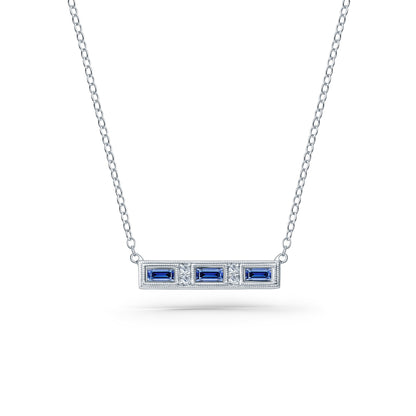 Blue Sapphire Baguette Engraved Diamond Bar Necklace