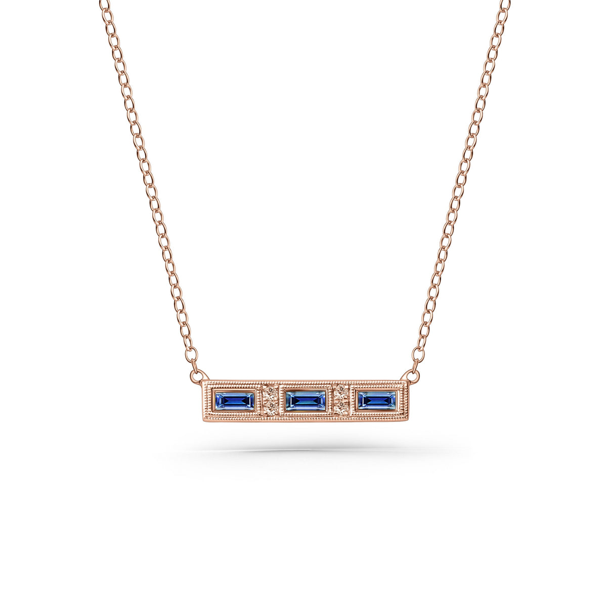 Blue Sapphire Baguette Engraved Diamond Bar Necklace