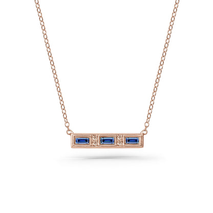 Blue Sapphire Baguette Engraved Diamond Bar Necklace