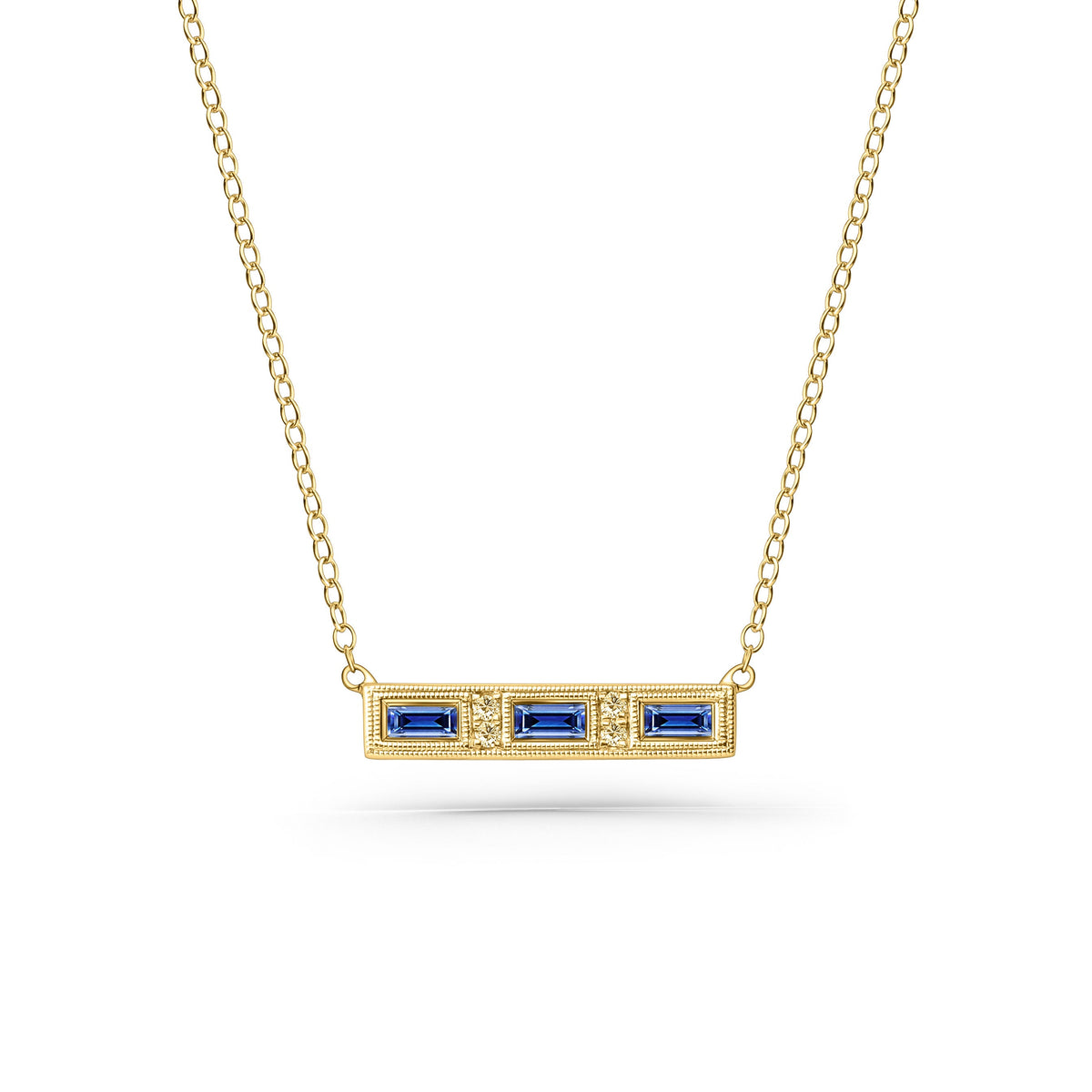 Blue Sapphire Baguette Engraved Diamond Bar Necklace