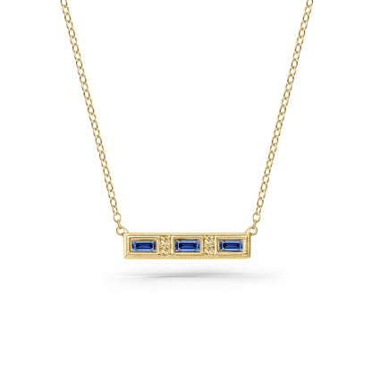Blue Sapphire Baguette Engraved Diamond Bar Necklace