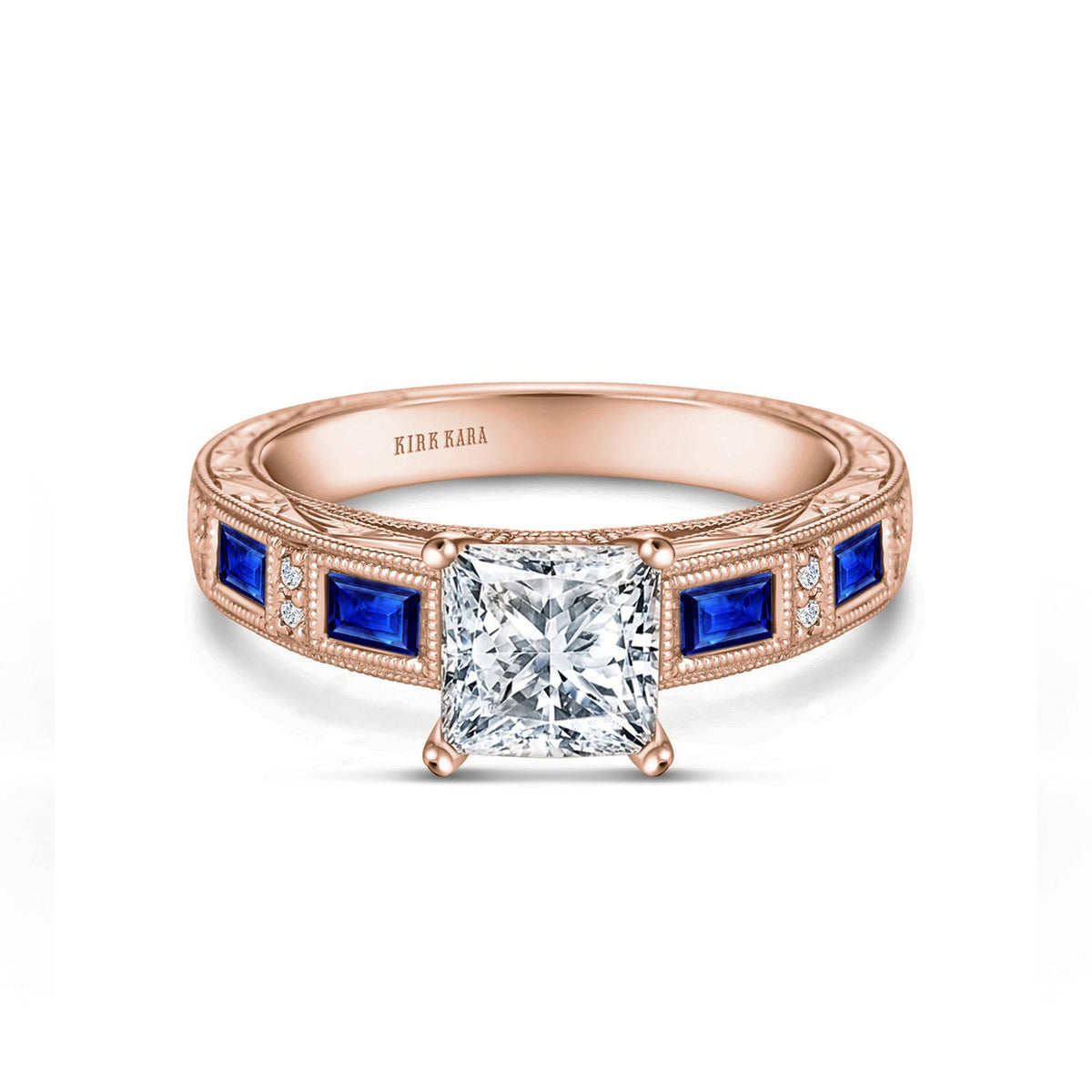 Blue Sapphire Baguette Engraved Cathedral Diamond Engagement Ring