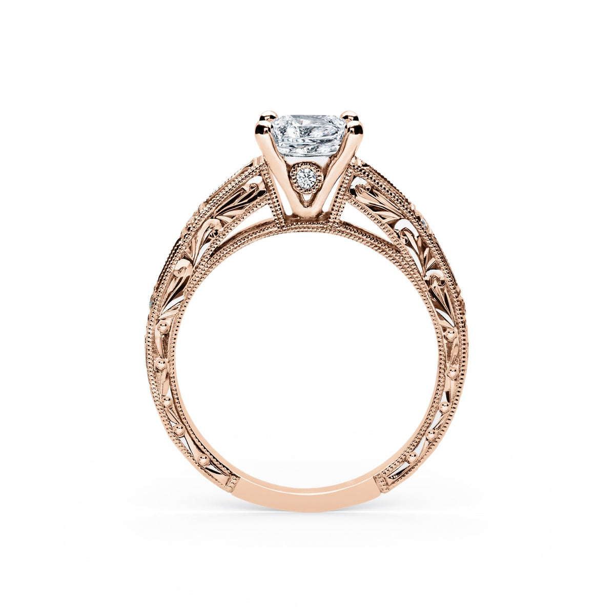 Blue Sapphire Baguette Engraved Cathedral Diamond Engagement Ring