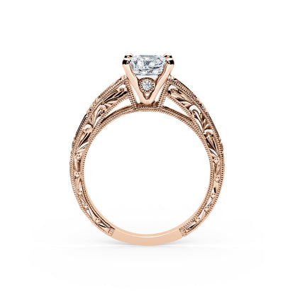Blue Sapphire Baguette Engraved Cathedral Diamond Engagement Ring