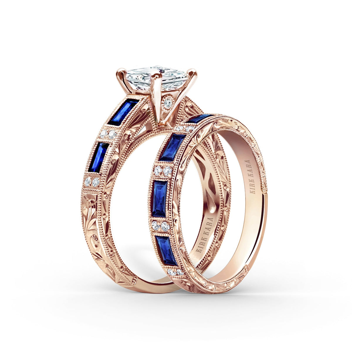Blue Sapphire Baguette Engraved Diamond Wedding Band