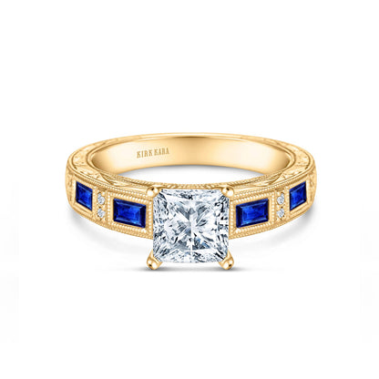 Blue Sapphire Baguette Engraved Cathedral Diamond Engagement Ring