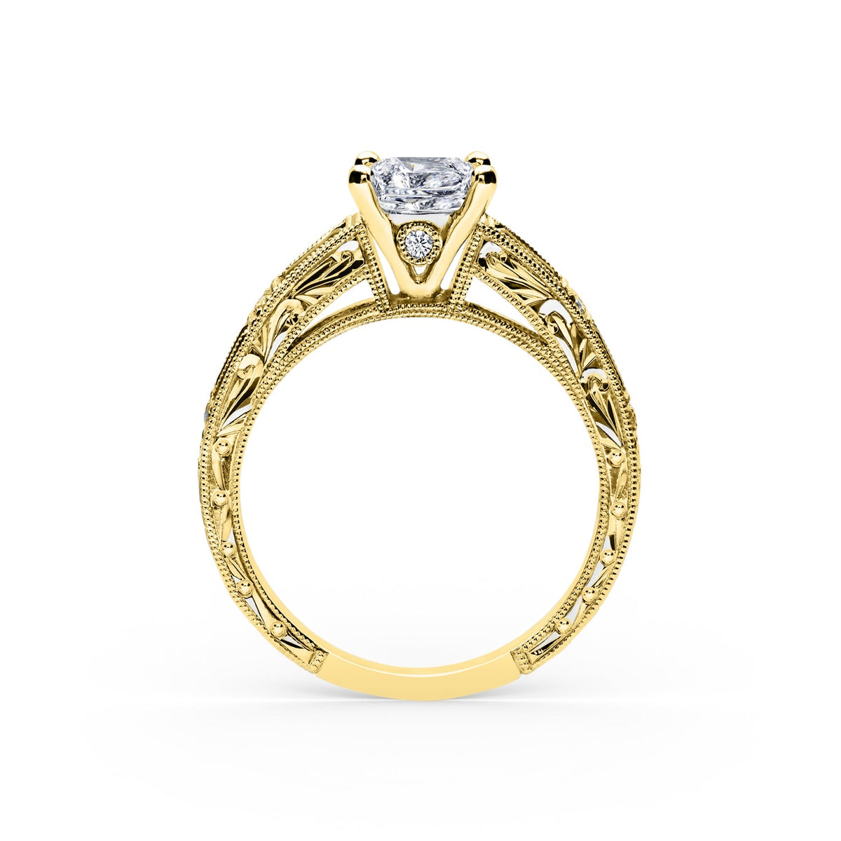 Blue Sapphire Baguette Engraved Cathedral Diamond Engagement Ring