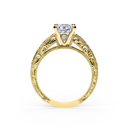 Blue Sapphire Baguette Engraved Cathedral Diamond Engagement Ring