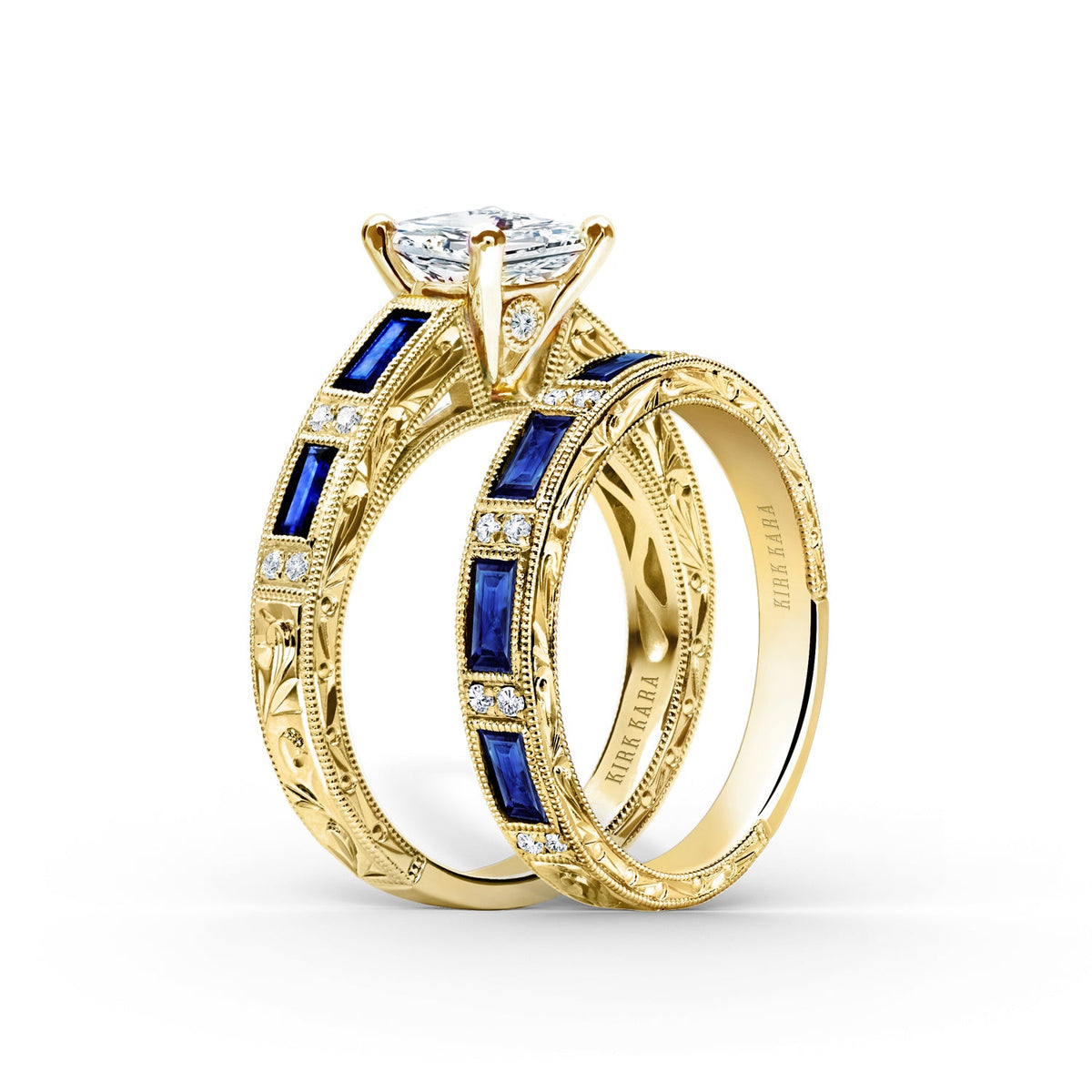 Blue Sapphire Baguette Engraved Cathedral Diamond Engagement Ring