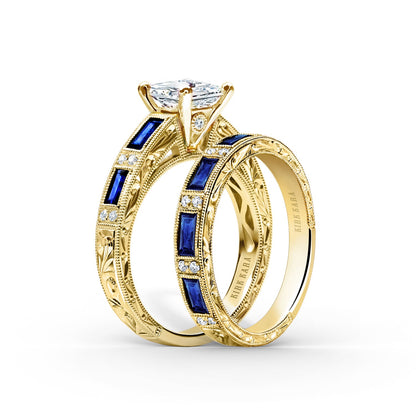 Blue Sapphire Baguette Engraved Diamond Wedding Band