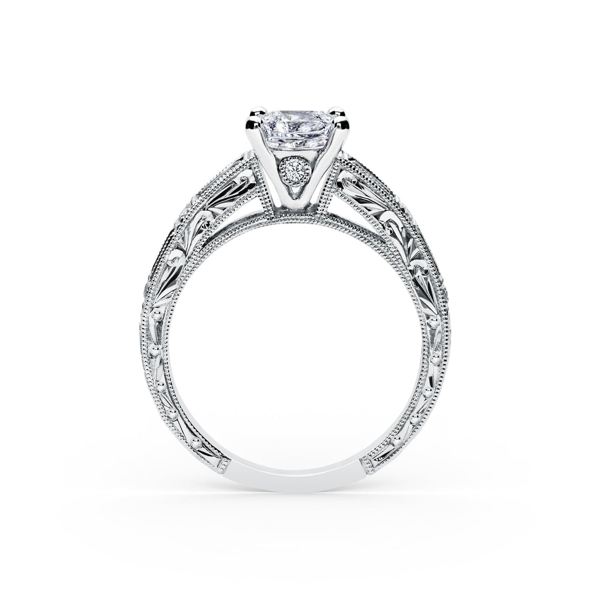 Blue Sapphire Baguette Engraved Cathedral Diamond Engagement Ring