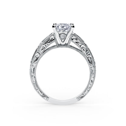Blue Sapphire Baguette Engraved Cathedral Diamond Engagement Ring