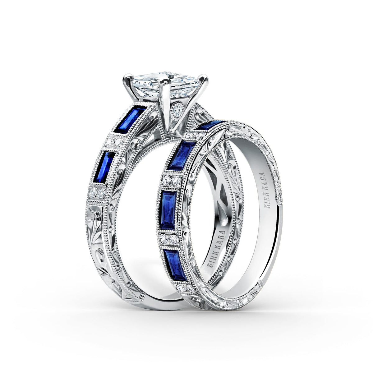 Blue Sapphire Baguette Engraved Diamond Wedding Band