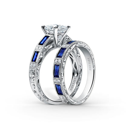Blue Sapphire Baguette Engraved Diamond Wedding Band