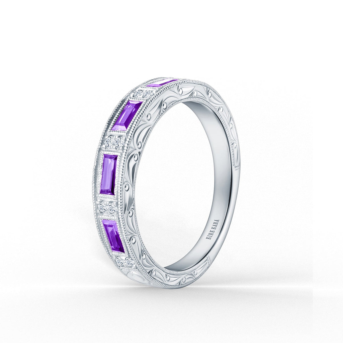 Blue Sapphire Baguette Engraved Diamond Wedding Band