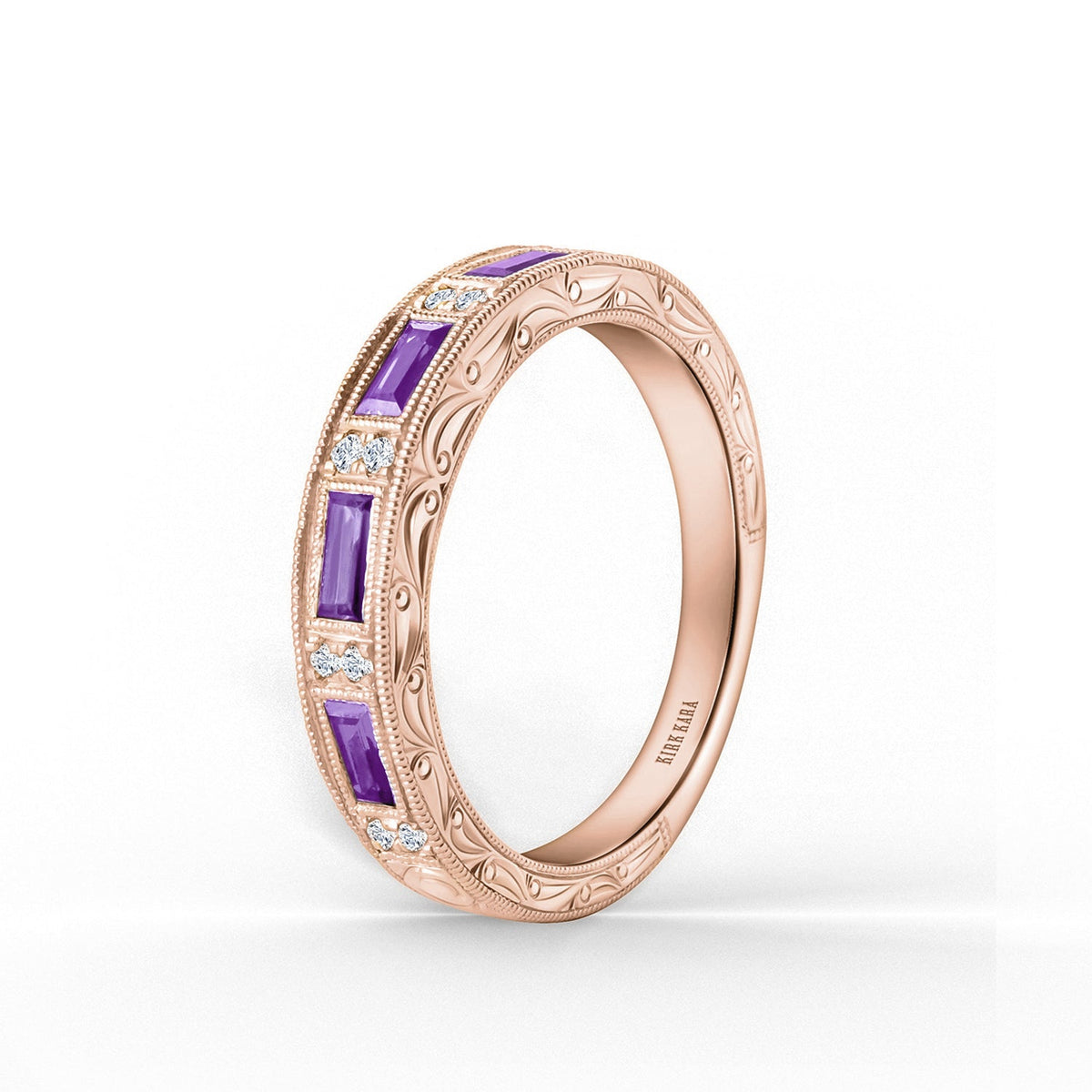 Blue Sapphire Baguette Engraved Diamond Wedding Band