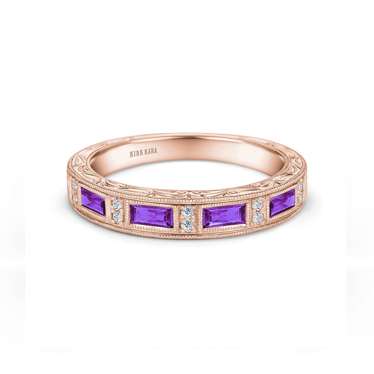 Blue Sapphire Baguette Engraved Diamond Wedding Band