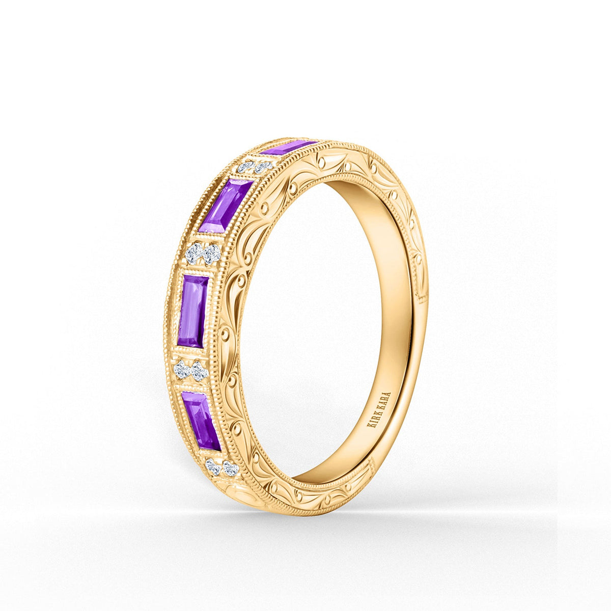 Blue Sapphire Baguette Engraved Diamond Wedding Band