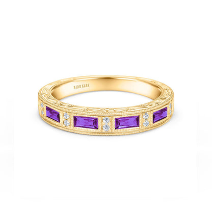 Amethyst Baguette Engraved Diamond Wedding Band