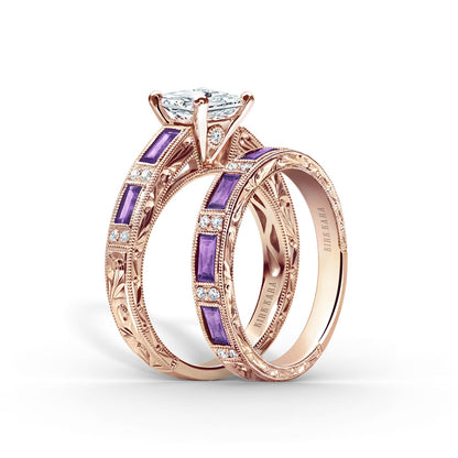 Blue Sapphire Baguette Engraved Diamond Wedding Band